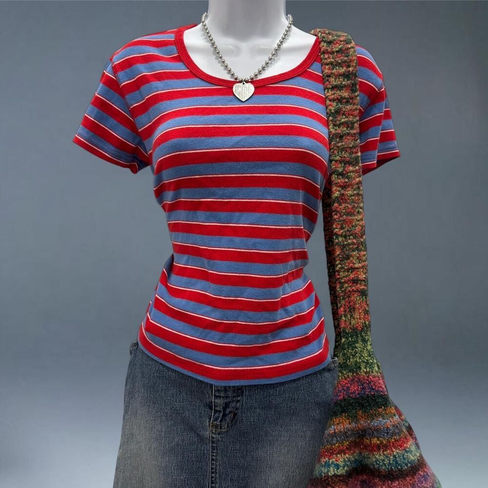 Y2K Erika & Co Striped Tee Red Blue Soft Ringer T Shirt